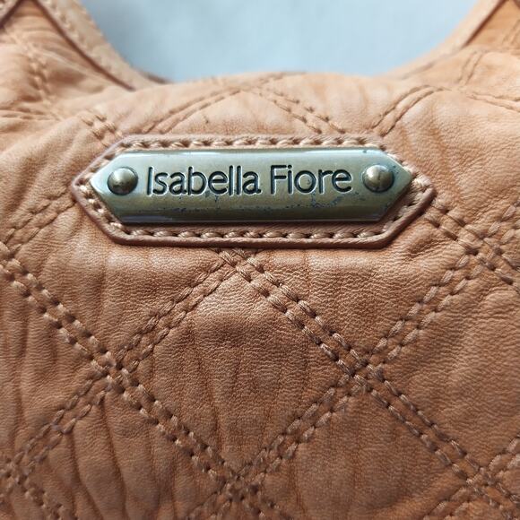 Isabella Fiore Tan Brown Learher Stitching Zipper Closure Hobo Shoulder Bag - Picture 3 of 16